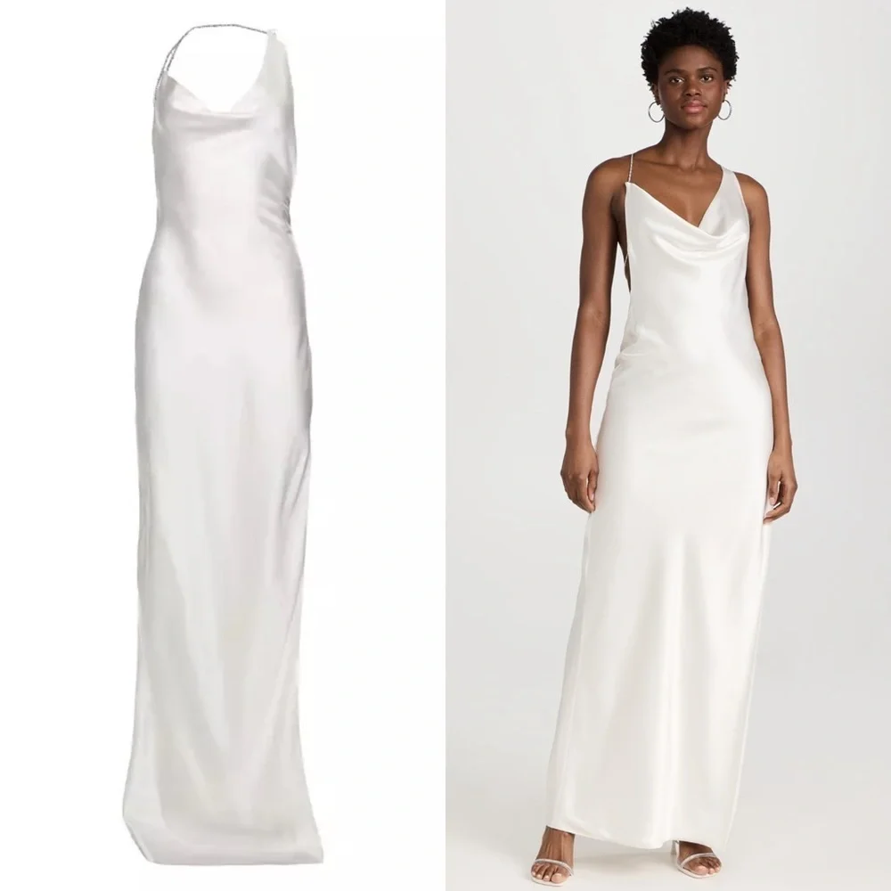 NWT RETROFETE Satin Asymmetric Crystal Chain Strap Draped Neck Open Back Gown S - Picture 12 of 13